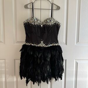 Black Feathered Strapless Dress with Beaded Bodice